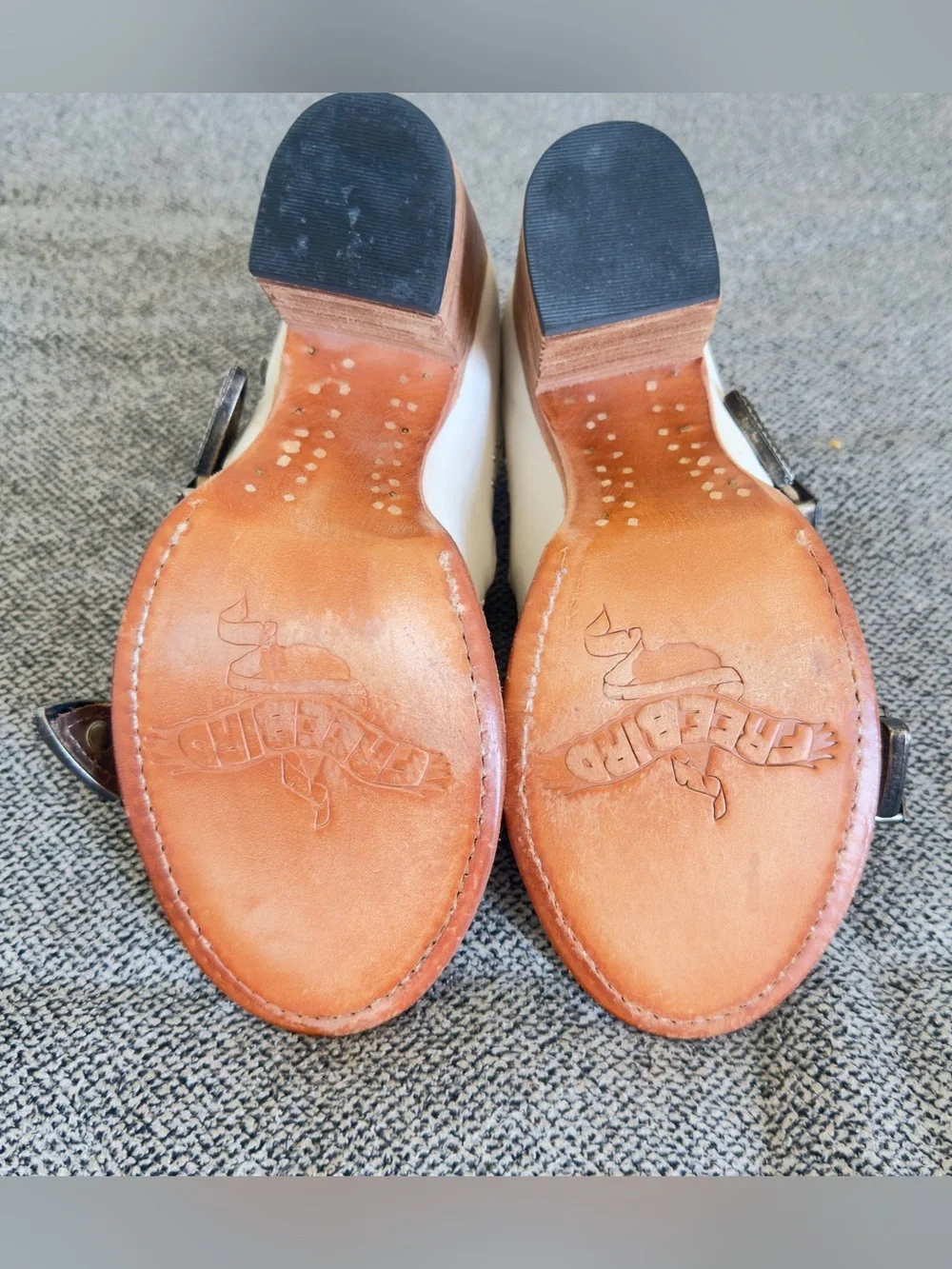 Freebird by Steven White and Tan Buckle Block Heel Sandals